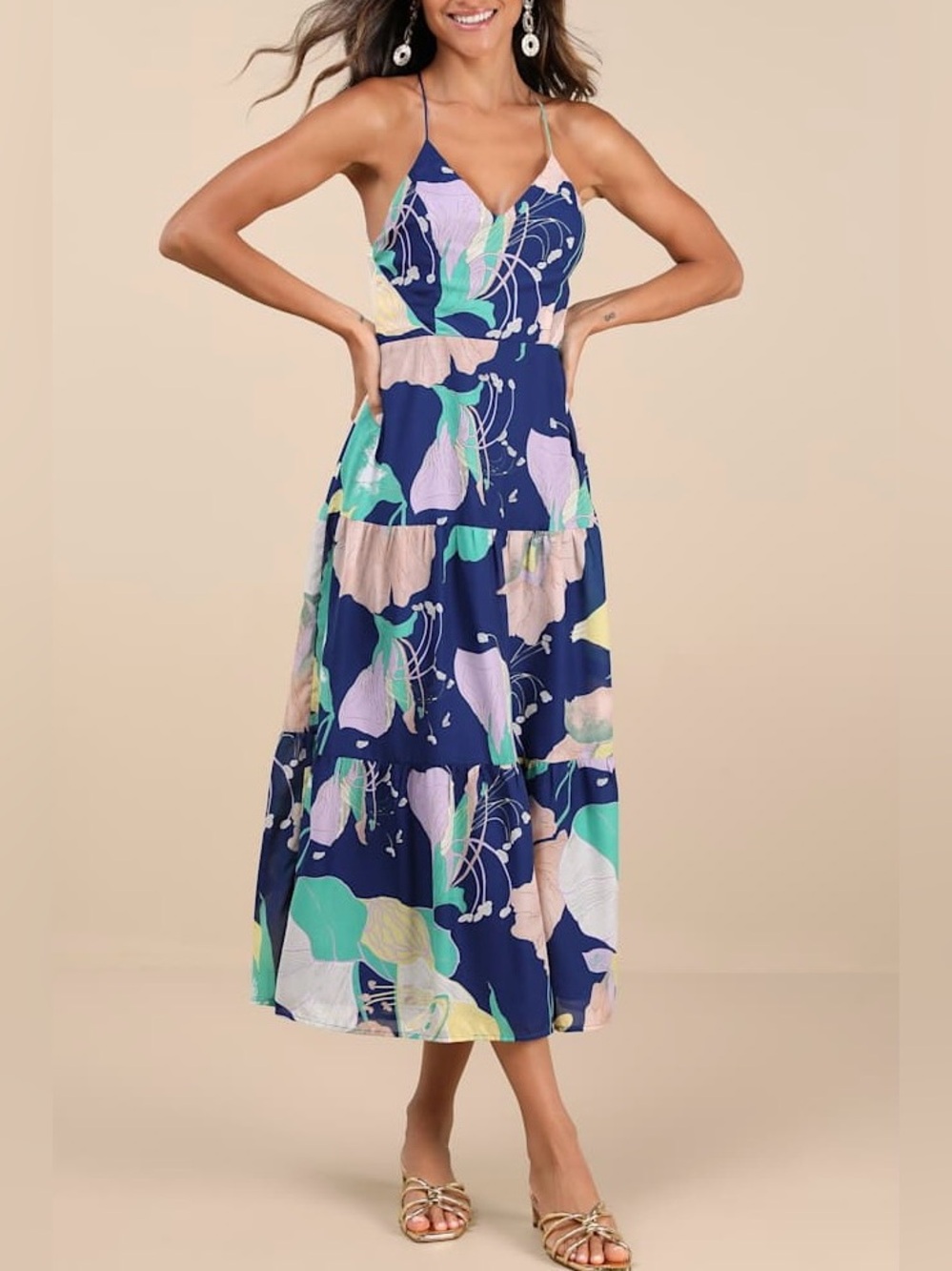 Lulu's Hours of Flowers Blue Multi Floral Lace-Up Tiered
Midi Dress.Sz XS.